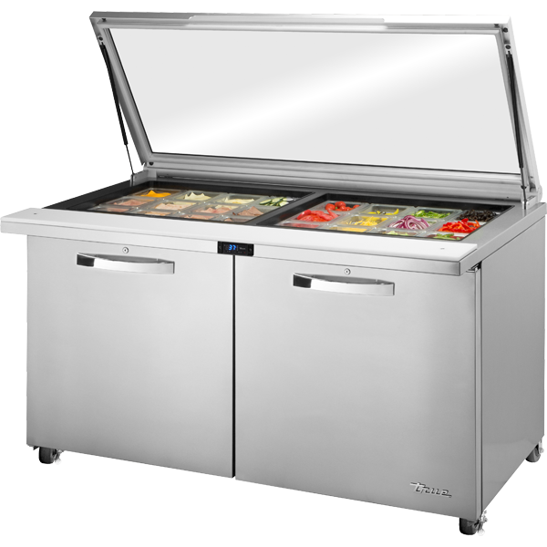 True TSSU-60-24M-B-ST-FGLID-HC~SPEC3 Mega-Top Solid Door Sandwich/Salad Unit with Flat Glass Lid Spec Package 3