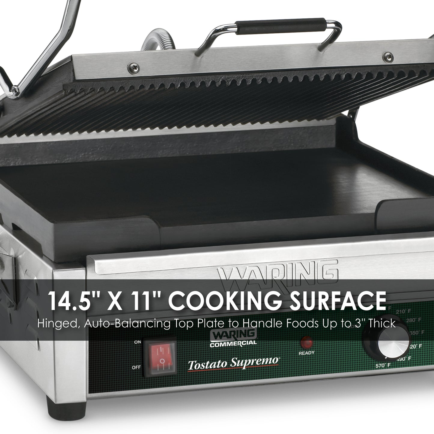 Waring WDG250 Dual Grill — Ribbed Top Plate, Flat Bottom Plate — 120V (14.5" x 11" cooking surface)