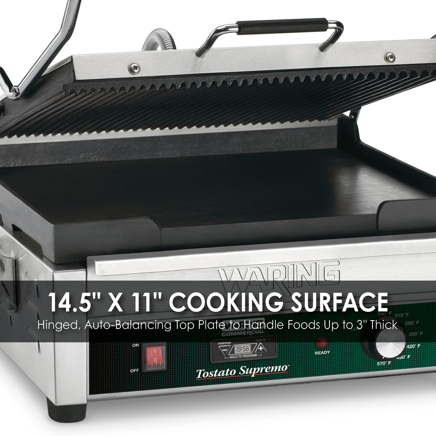 Waring WDG250T Dual Grill — Ribbed Top Plate, Flat Bottom Plate with Timer — 120V (14.5" x 11" cooking surface)