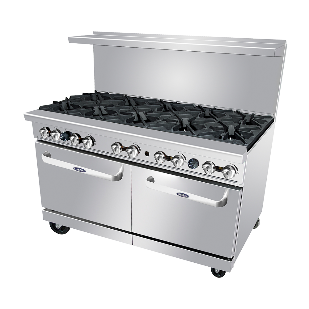 Atosa AGR-10B 60'' Gas Range. (10) 32,000 B.T.U. Open Burners with Two 26'' 1/2 Wide Ovens; 4 Oven Racks (Castors Included)