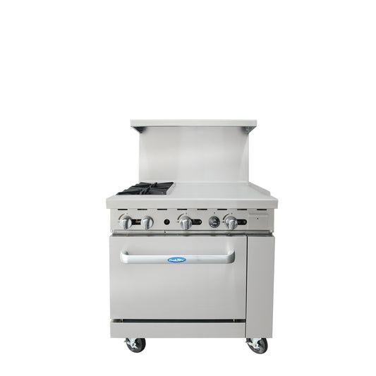 Atosa AGR-2B24GR 36'' Range. (2) 32,000 B.T.U. Burners and 24'' Griddle on the right with (1) 26'' 1/2 Wide Oven; 2 Oven Racks (Castors Included)