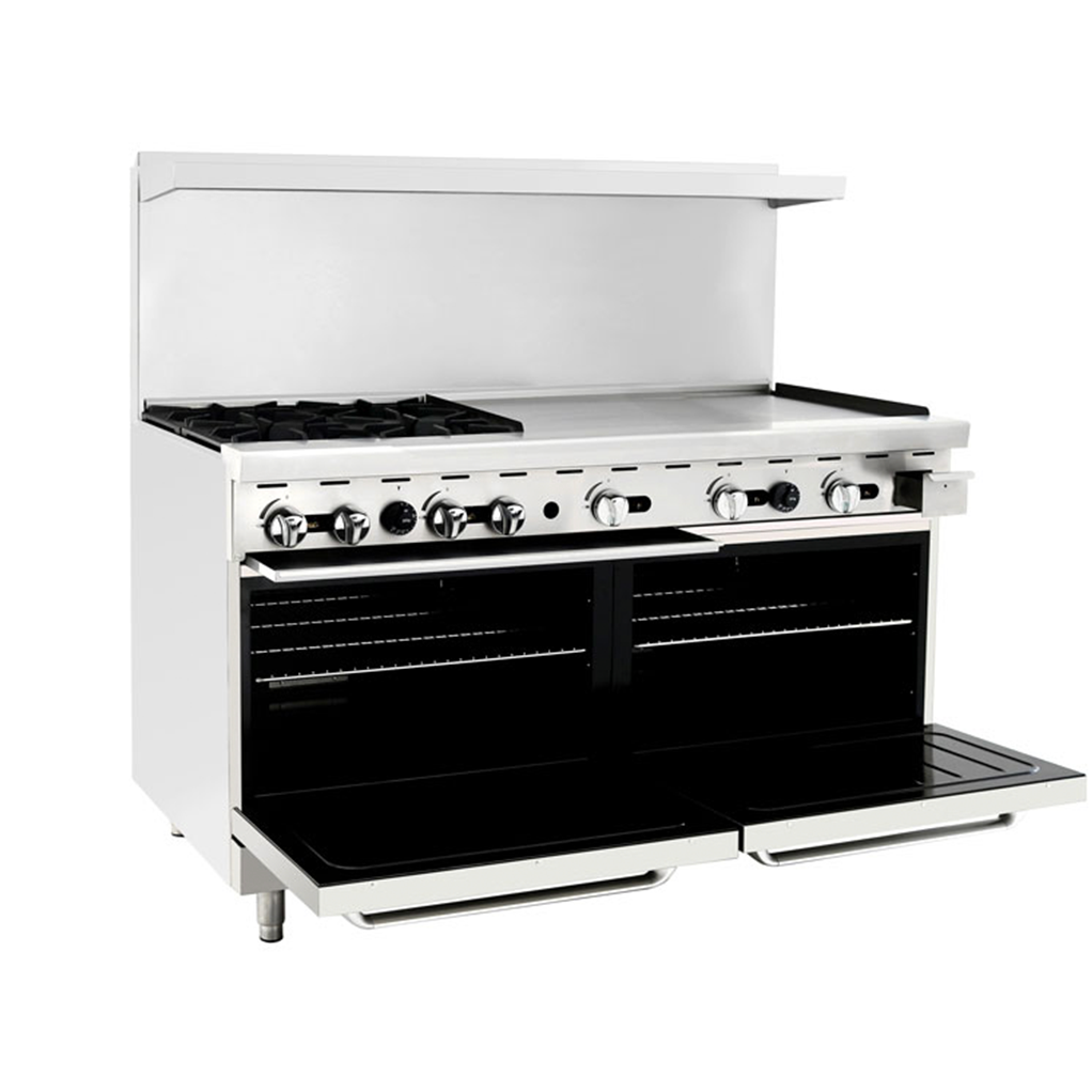 Atosa AGR-4B36GR 60'' Range (4) 32,000 B.T.U. Burners and 36'' Griddle on the right with (2) 26'' 1/2 Wide Ovens; 4 Oven Racks (Castors Included)