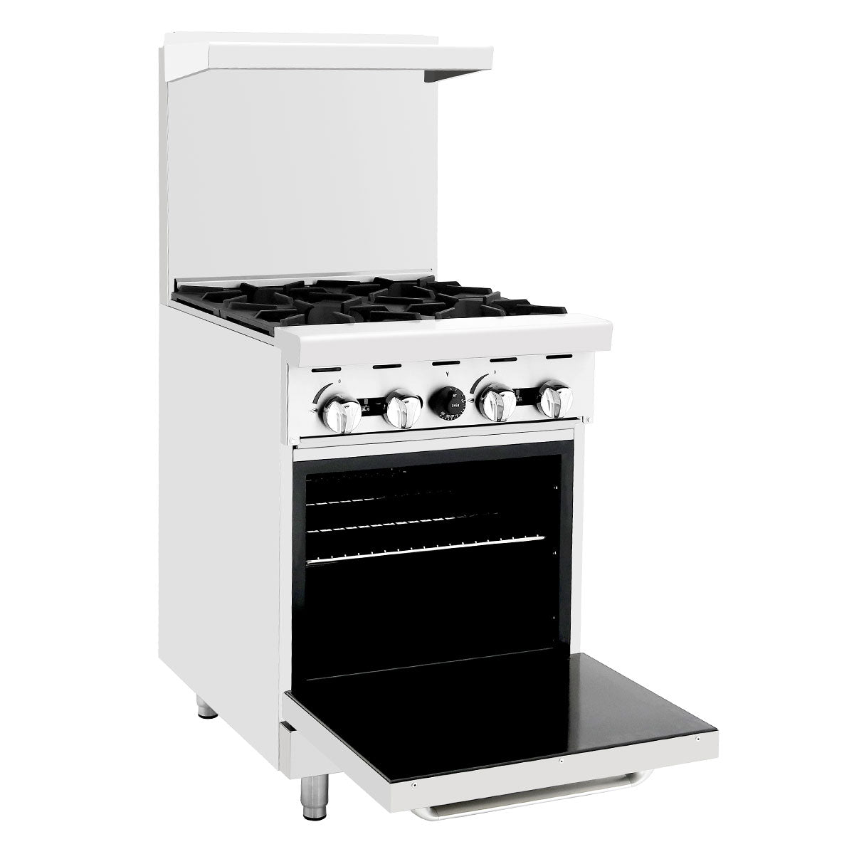 Atosa AGR-4B 24'' Gas Range. (4) 32,000 B.T.U. Open Burners with (1) 20'' Wide Oven, 2 Oven Racks (Castors Included)