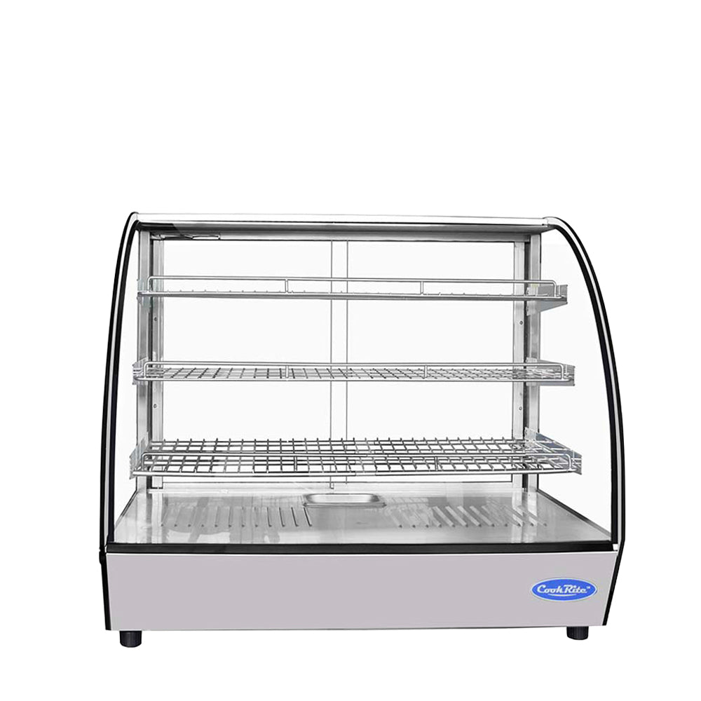 Atosa CHDC-44 Countertop Heated Display Case - Curved, 4.4 Cu Ft w/ 3 SS Shelves w/ 2 Rear Sliding Glass Doors