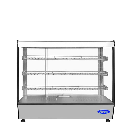 Atosa CHDS-53 Countertop Heated Display Case - Square, 5.3 Cu Ft w/ 3 SS Shelves w/ 2 Rear Sliding Glass Doors
