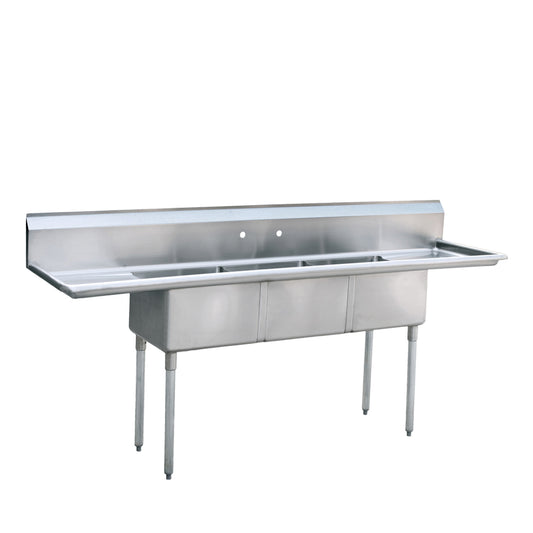 Atosa MRSA-3-D (Ship in 6pcs/Skid) Three Comp. Sink, 18'' Right and Left Drainboards Dimension: 90"W *24"D *44.5"H *19.5" Leg, Bowl Size 18"*18"*12" deep, Backsplash, Galvanized Tubular Legs, with Adjustable Plastic Bullet Feet.