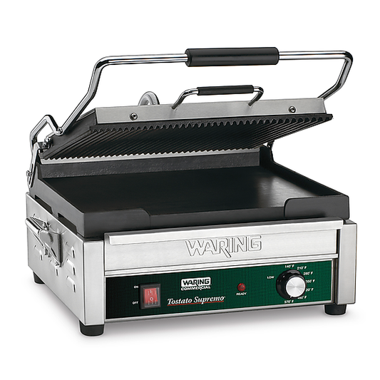 Waring WDG250 Dual Grill — Ribbed Top Plate, Flat Bottom Plate — 120V (14.5" x 11" cooking surface)