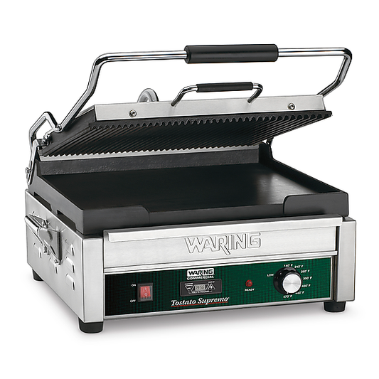 Waring WDG250T Dual Grill — Ribbed Top Plate, Flat Bottom Plate with Timer — 120V (14.5" x 11" cooking surface)