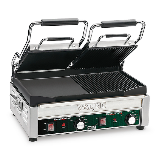 Waring WDG300 Dual Grill — Half Panini and Half Flat Grill — 240V (17" x 9.25" cooking surface)