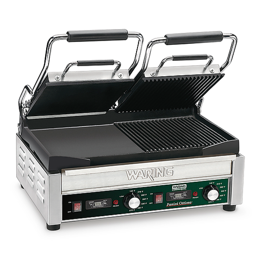 Waring WDG300T Dual Grill — Half Panini and Half Flat Grill with Timer — 240V (17" x 9.25" cooking surface)