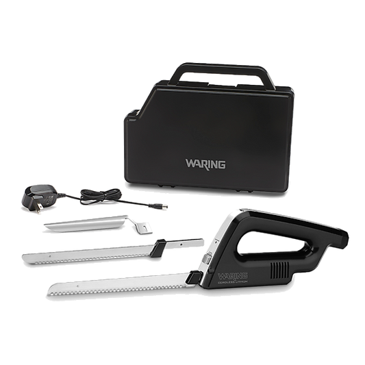Waring WEK200 Cordless Rechargeable Electric Knife w/Bread and Carving Blades, Thickness Guide & Case