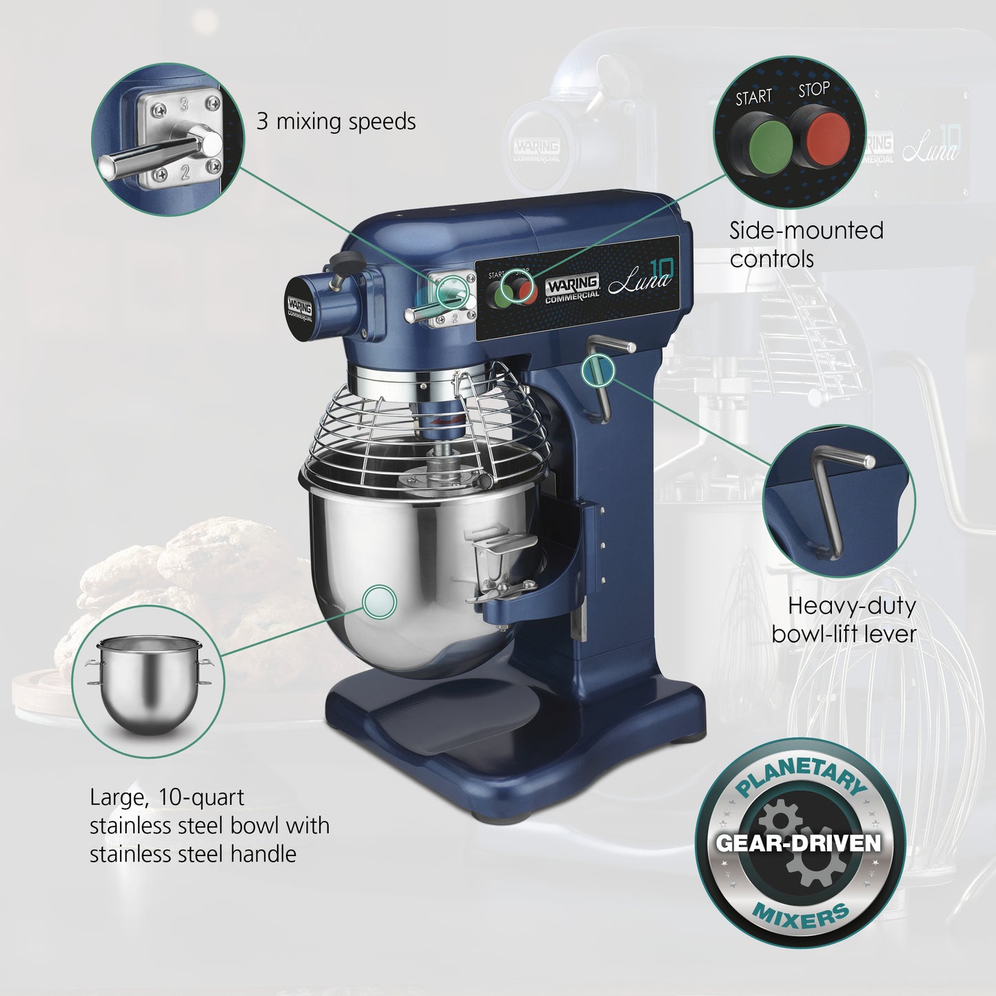 Waring WSM10L Luna 10 - 10- Quart Planetary Mixer, includes Dough Hook, Mixing Paddle & Whisk