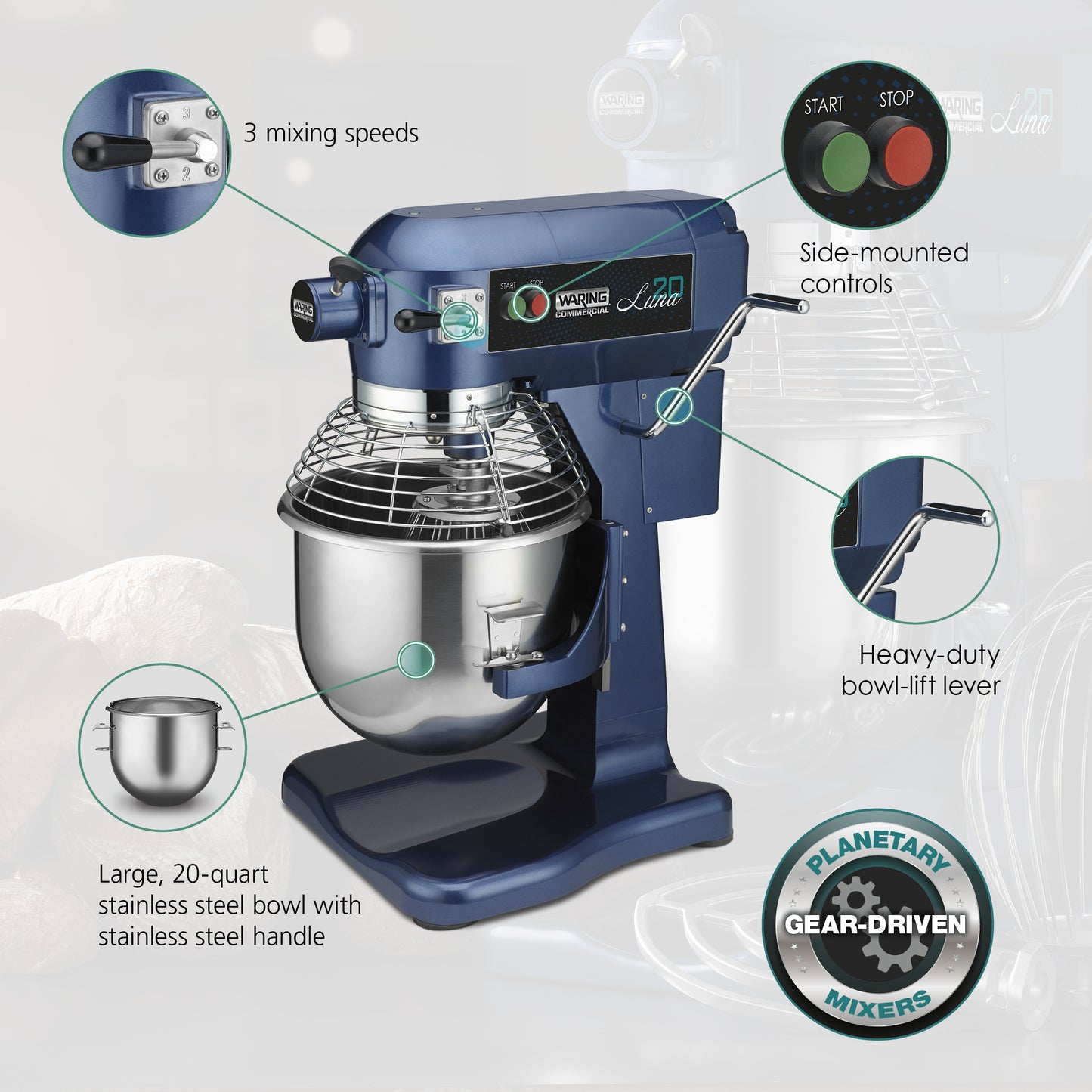 Waring WSM20L Luna 20 - 20 Quart Planetary Mixer, includes Dough Hook, Mixing Paddle & Whisk