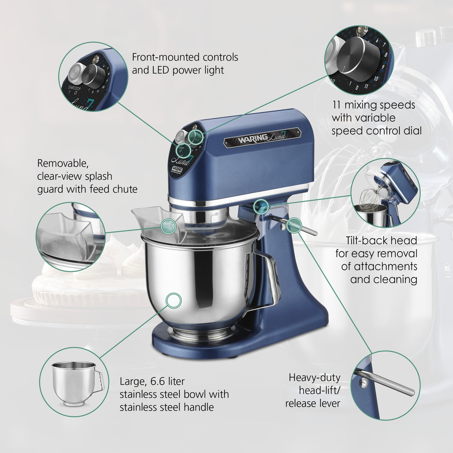 Waring WSM7L Luna 7 - 7- Quart Planetary Mixer, includes Dough Hook, Mixing Paddle & Whisk