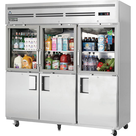 Everest Refrigeration EGSH6 3 Section - 6 Half Door Refrigerator, Top Glass & Bottom Solid, 75"
