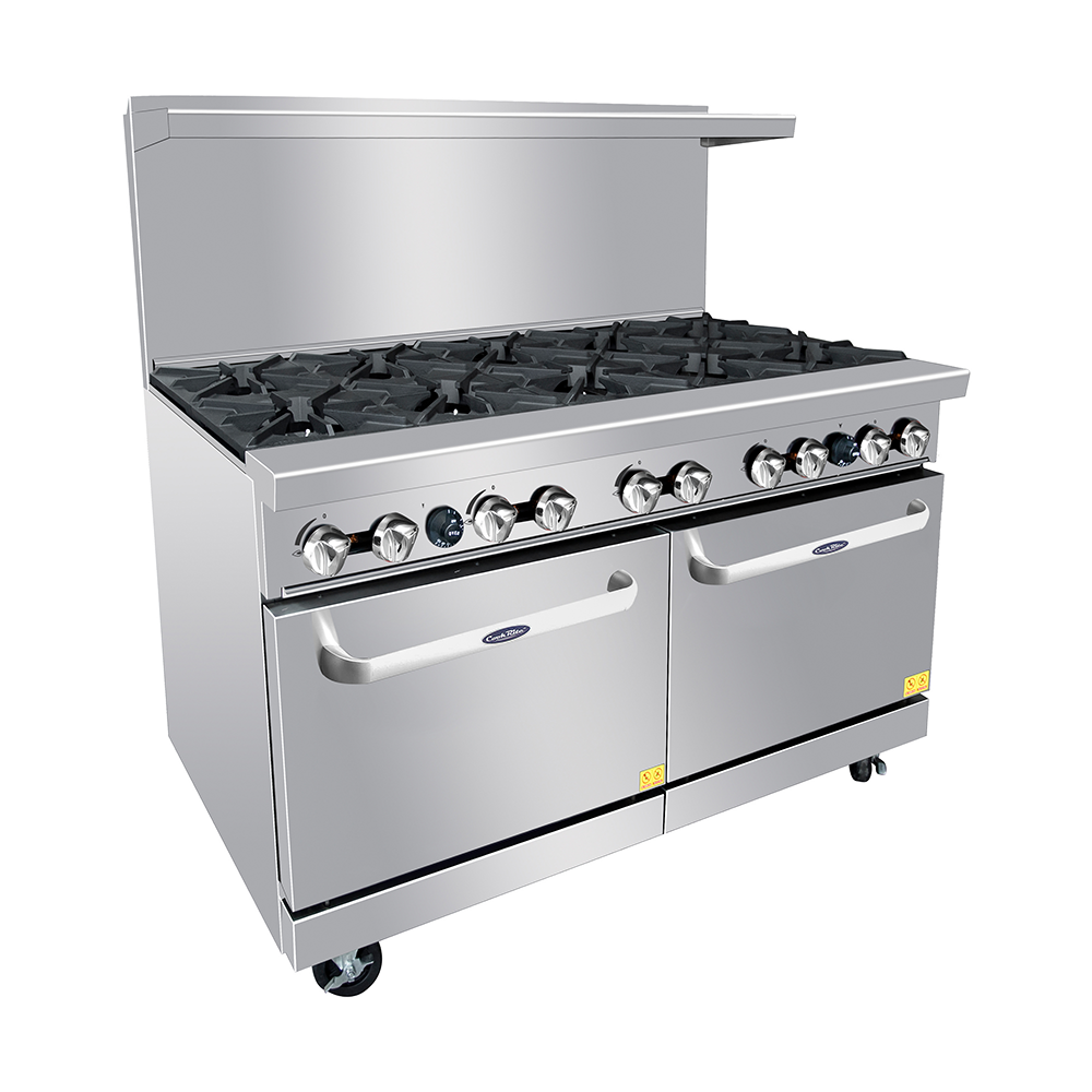 Atosa AGR-10B 60'' Gas Range. (10) 32,000 B.T.U. Open Burners with Two 26'' 1/2 Wide Ovens; 4 Oven Racks (Castors Included)