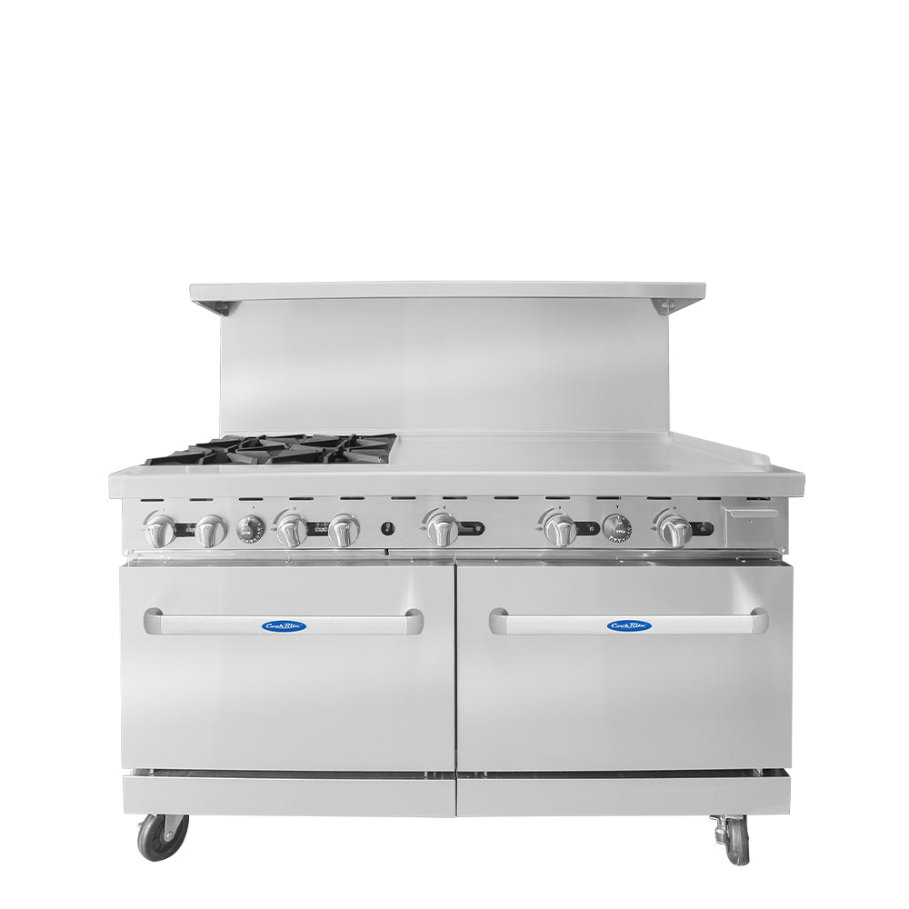 Atosa AGR-4B36GR 60'' Range (4) 32,000 B.T.U. Burners and 36'' Griddle on the right with (2) 26'' 1/2 Wide Ovens; 4 Oven Racks (Castors Included)