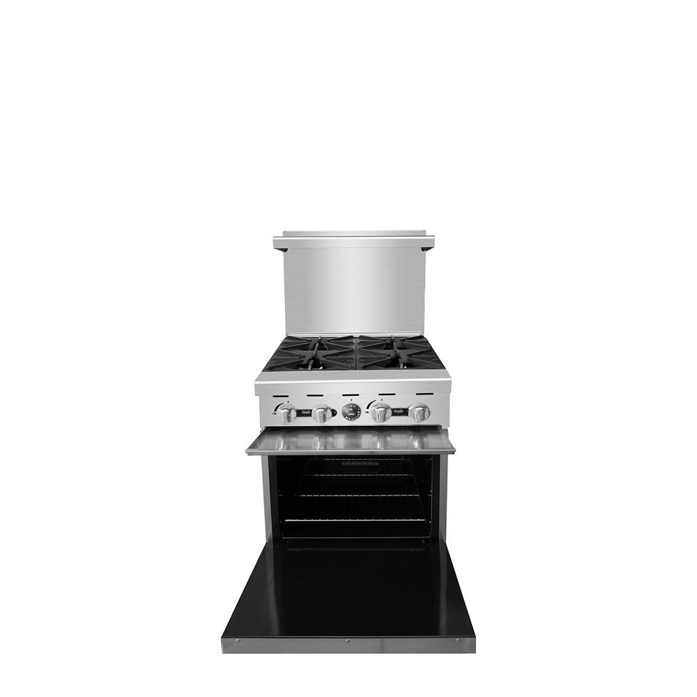 Atosa AGR-4B 24'' Gas Range. (4) 32,000 B.T.U. Open Burners with (1) 20'' Wide Oven, 2 Oven Racks (Castors Included)