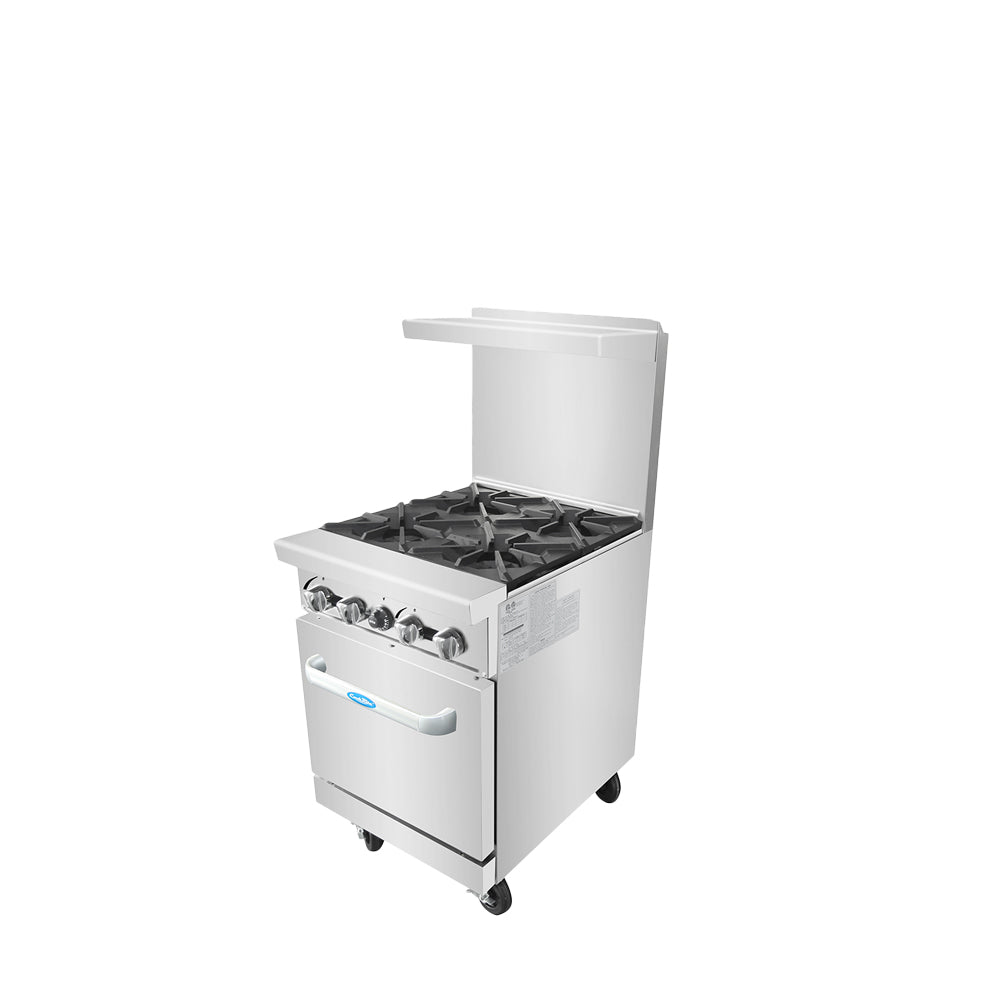 Atosa AGR-4B 24'' Gas Range. (4) 32,000 B.T.U. Open Burners with (1) 20'' Wide Oven, 2 Oven Racks (Castors Included)