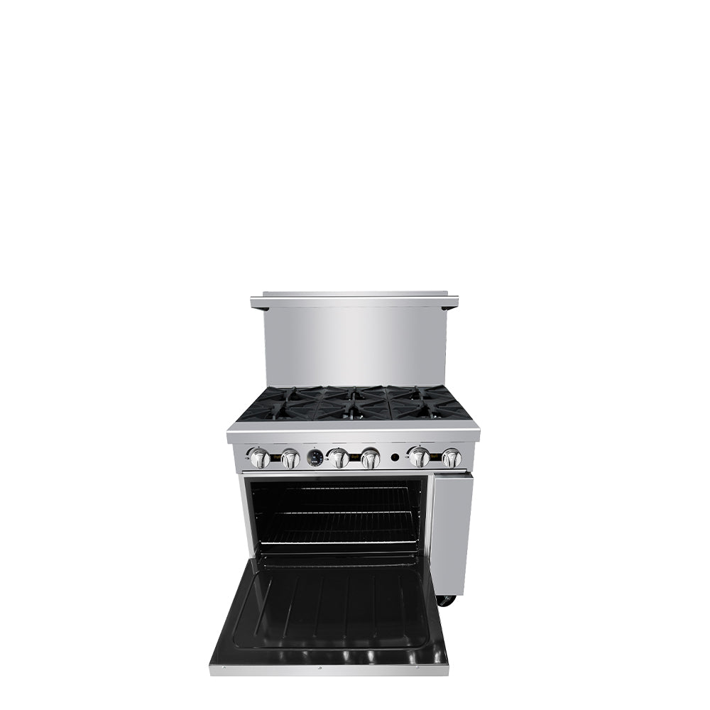 Atosa AGR-6B 36'' Gas Range. (6) 32,000 B.T.U. Open Burners with One 26'' 1/2 Wide Oven; 2 Oven Racks (Castors Included)