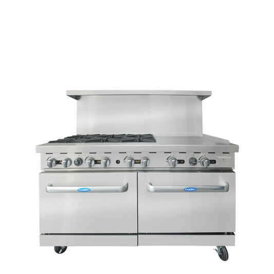 Atosa AGR-6B24GR 60'' Range (6) 32,000 B.T.U. Burners and 24'' Griddle on the right with (2) 26'' 1/2 Wide Ovens; 4 Oven Racks (Castors Included)