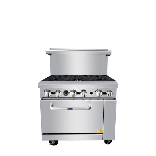 Atosa AGR-6B 36'' Gas Range. (6) 32,000 B.T.U. Open Burners with One 26'' 1/2 Wide Oven; 2 Oven Racks (Castors Included)