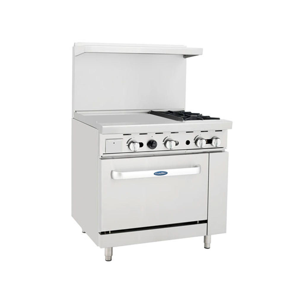 Atosa AGR-2B24GL 36″ Gas Range with Two (2) Left Open Burners & 24″ Griddle (Castors Included)