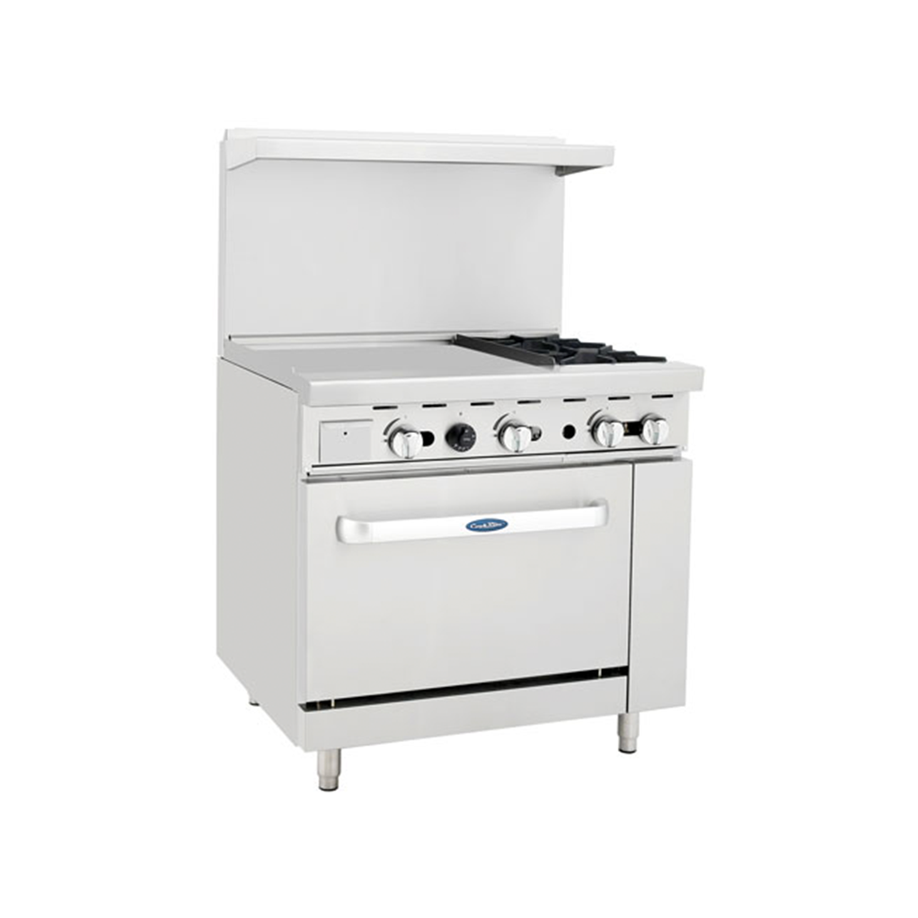 Atosa AGR-2B24GL 36'' Range (2) 32,000 B.T.U. Burners and 24'' Griddle on the left with (1) 26'' 1/2 Wide Oven; 2 Oven Racks (Castors Included)