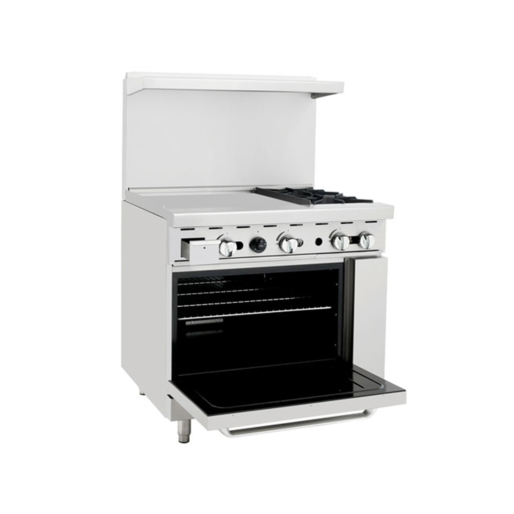 Atosa AGR-2B24GL 36'' Range (2) 32,000 B.T.U. Burners and 24'' Griddle on the left with (1) 26'' 1/2 Wide Oven; 2 Oven Racks (Castors Included)