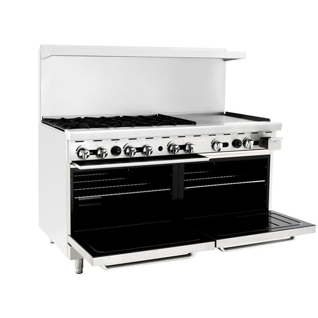 Atosa AGR-6B24GR 60'' Range (6) 32,000 B.T.U. Burners and 24'' Griddle on the right with (2) 26'' 1/2 Wide Ovens; 4 Oven Racks (Castors Included)