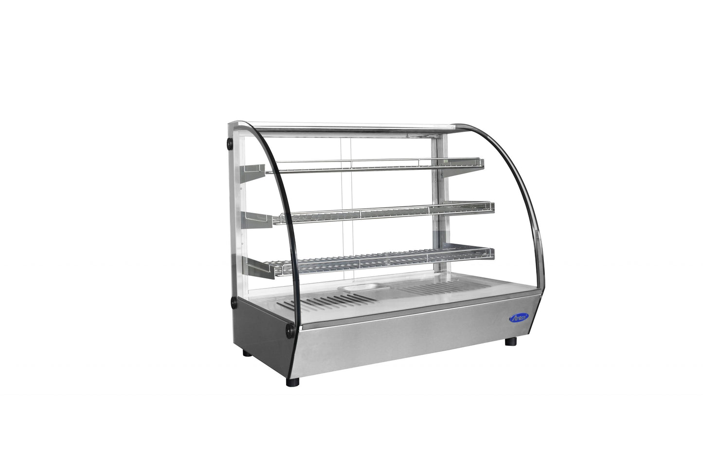 Atosa CHDC-44 Countertop Heated Display Case - Curved, 4.4 Cu Ft w/ 3 SS Shelves w/ 2 Rear Sliding Glass Doors Dimensions: 27-1/2 W * 22-7/8 D * 26-3/4 H