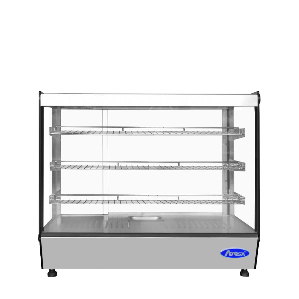 Atosa CHDS-53 Countertop Heated Display Case - Square, 5.3 Cu Ft w/ 3 SS Shelves w/ 2 Rear Sliding Glass Doors Dimensions: 27-5/8 W * 22-1/2 D * 26-5/8 H