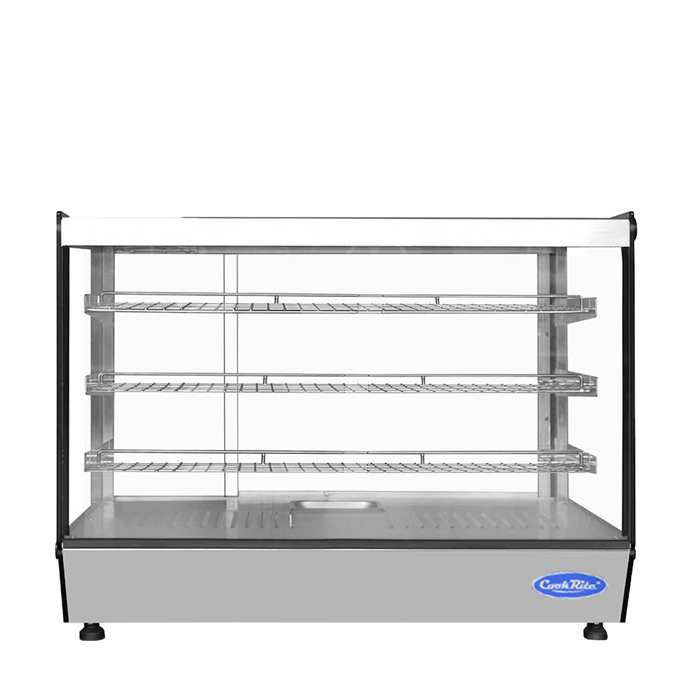 Atosa CHDS-71 Countertop Heated Display Case - Square, 7.1 Cu Ft w/ 3 SS Shelves w/ 2 Rear Sliding Glass Doors Dimensions: 35-3/8 W * 22-1/2 D * 26-5/8 H