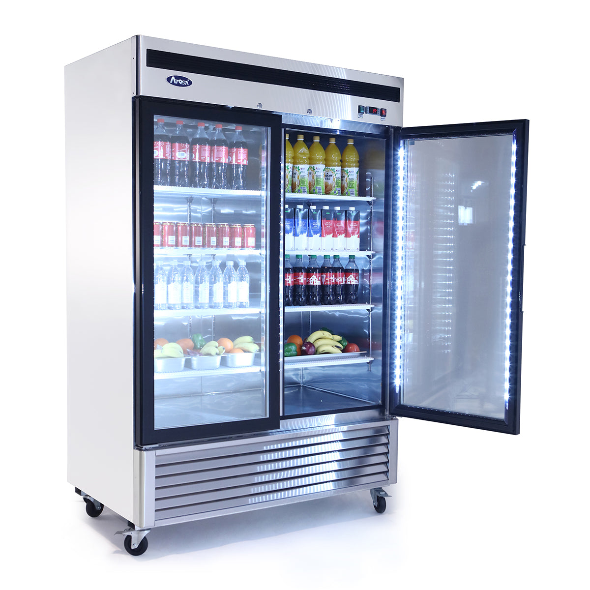 Atosa MCF8707GR Bottom Mount (2) Glass Door Refrigerator S/S In/Out Dimensions: 54-2/5 W * 31-7/10 D * 83-1/10 H