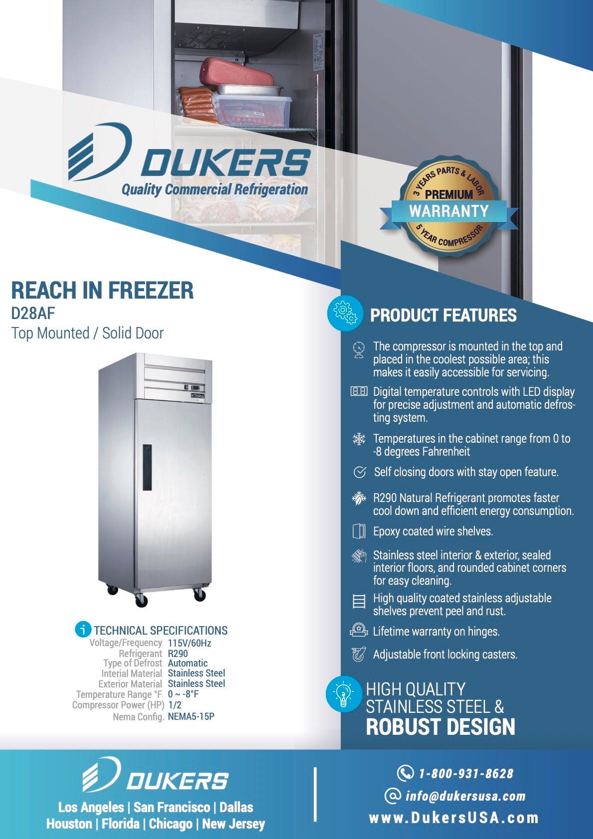 Dukers  D28AF Commercial Single Door Top Mount Freezer in Stainless Steel