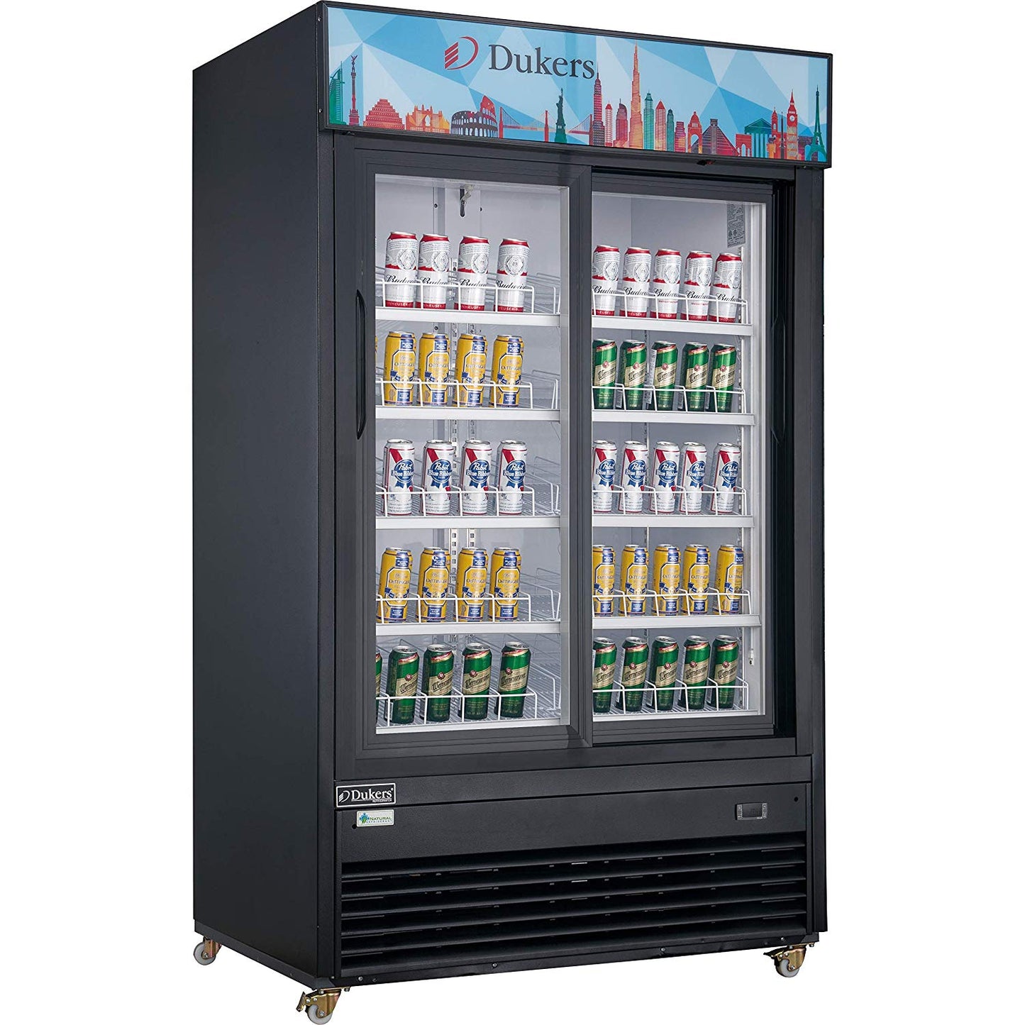Dukers DSM-47SR Commercial Glass Sliding 2-Door Merchandiser Refrigerator in Black