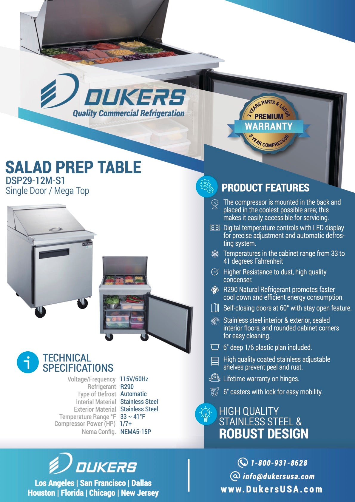 Dukers DSP29-12M-S1 1-Door Commercial Food Prep Table Refrigerator in Stainless Steel with Mega Top
