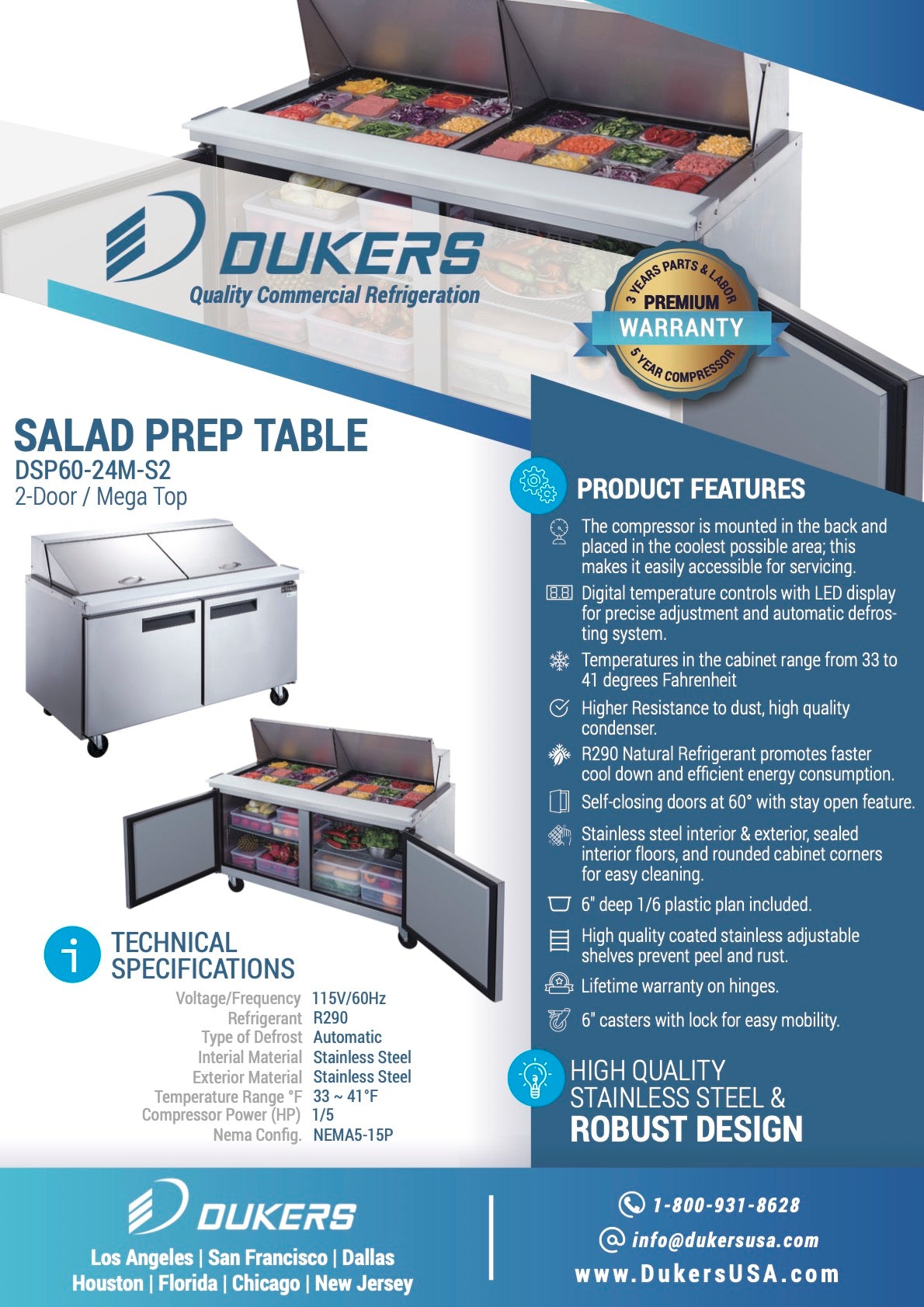 Dukers DSP60-24M-S2 2-Door Commercial Food Prep Table Refrigerator in Stainless Steel with Mega Top